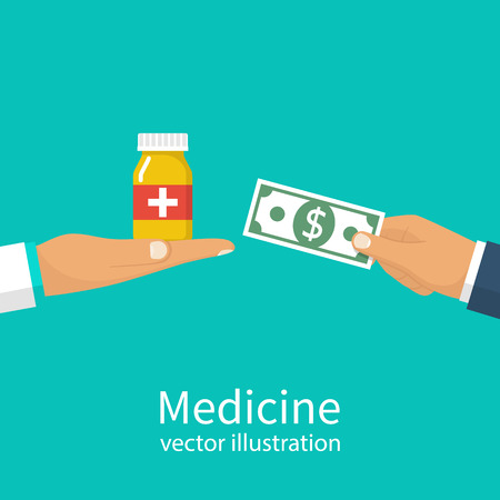 Buy medicine. Doctor holding bottle of pills to a patient. Money in hand in exchange for tablets. Sell medical pills. Pharmacy shop. Vector illustration flat design. Isolated on background.のイラスト素材