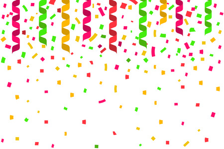 Celebration party background with place for text. Colorful ribbon confetti and streamers. Vector illustration flat design. Holiday decoration.のイラスト素材