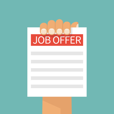 Headhunter holding in hand a job offer. Recruitment concept. Search for employee, colleagues. Ad on paper. Vector illustration flat design. Isolated on background.のイラスト素材