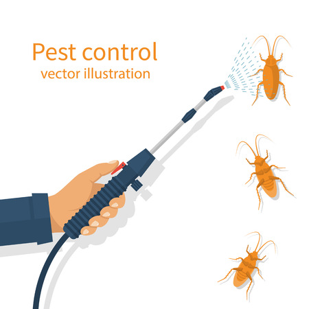 Pest control banner concept. Man exterminator holds a sprayer in hands spraying pesticide. Destruction bug. Service to protect the house. Vector illustration flat design. Isolated on white background.のイラスト素材