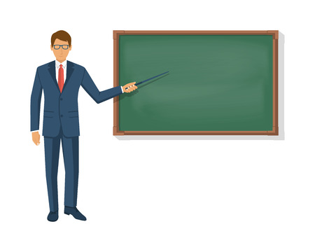 Teacher standing in front of blank school blackboard. Professor in suit with pointer in hand points to green board. Vector illustration flat style. Template for design. Education concept.のイラスト素材
