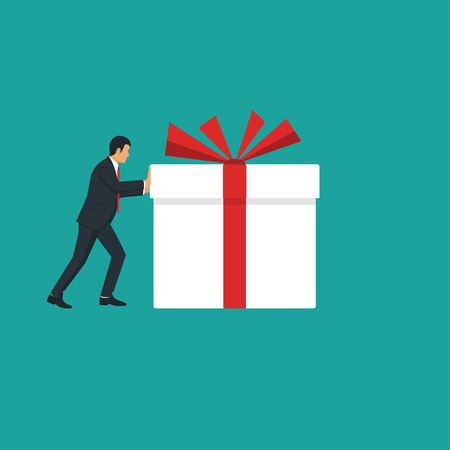 Businessman is carrying a white gift box with a red ribbonのイラスト素材