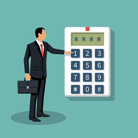 Businessman in suit with briefcase presses on buttonのイラスト素材