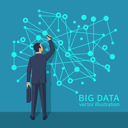 Businessman with briefcase standing about wall with diagram of data. Big data concept. Futuristic infographic. Network information. Modern digital technologies. Visualization research statistics.のイラスト素材