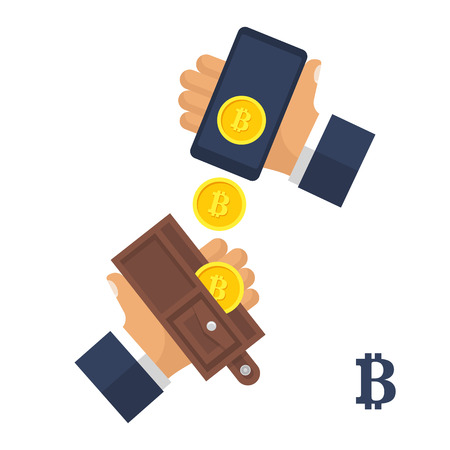 Two hands with a wallet and cellphone with bitcoin symbol. Cryptocurrency blockchain. Cryptocurrency technology, bitcoin exchange, bitcoin mining. Electronic money is falling from smartphone wallet in hand. Vector design Isolated on white.のイラスト素材