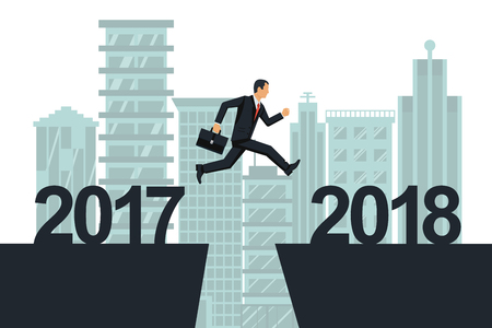 Man businessman jumps from 2017 to 2018 on background city.のイラスト素材