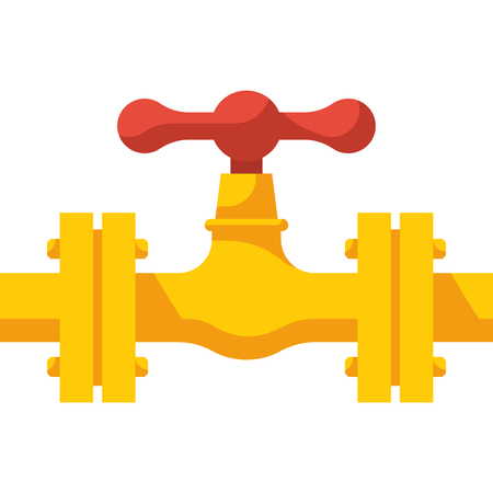 Gas pipeline with valve. Vector illustration flat design. Industry system isolated on white background. Wheel to open closing flow. Yellow pipe, cartoon style.のイラスト素材