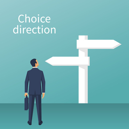 Direction choosing. Businessman standing sign with arrowsのイラスト素材