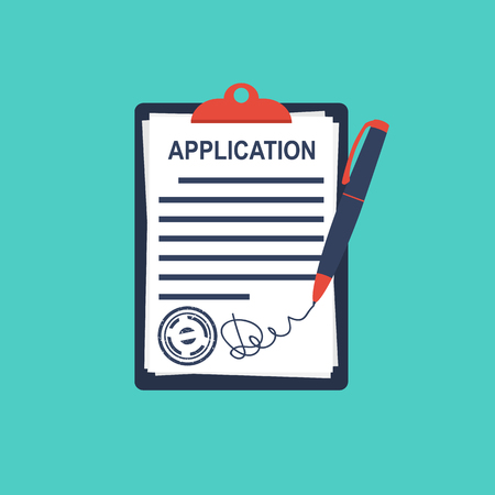 Application form. Clipboard fills in the form of employment with pen. Write documents. Vector illustration in flat design style. Isolated on background.のイラスト素材