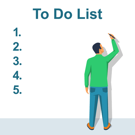 Writing To Do List. Checking plan. A person writes a list of cases with a pencil. Vector illustration flat design. Isolated on white background. Place for text, template.のイラスト素材