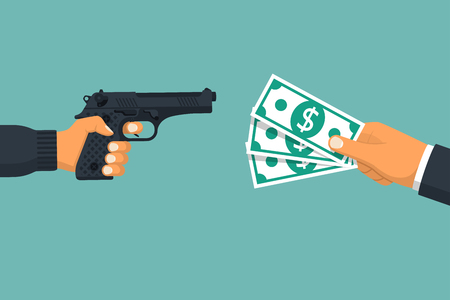 Criminal threatening gun extorts money from the victim. Robbery concept. Bandit with a gun.Money in hand. Vector illustration flat design.Isolatedonwhitebackground. Theftofcash.のイラスト素材