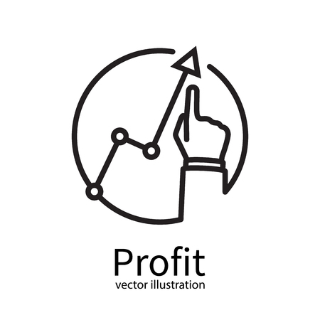 Profit concept black line minimal design, growing business graph. Businessman manages financial growth graph. Template investment. Vector illustration flat style. Finger up holding chart arrow.のイラスト素材