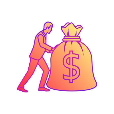 Businessman carries big heavy bag full of money. Many money in sack. Dollar sign. Banking, investment deposit. Expensive payment. Financial concept. Vector illustration flat design. Isolated on white.のイラスト素材