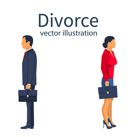 Divorce concept. Breakup concept. A man and a woman go in different directions. Crisis relationship divorce. Unhappy love, conflict. Vector illustration flat design.のイラスト素材