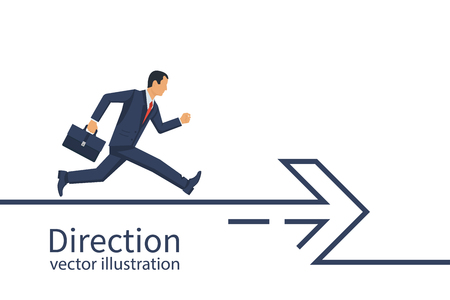 Businessman with a briefcase runs along the direction line. Direction concept. Abstract arrow minimal design line. Vector illustration flat design. Isolated on white background.のイラスト素材
