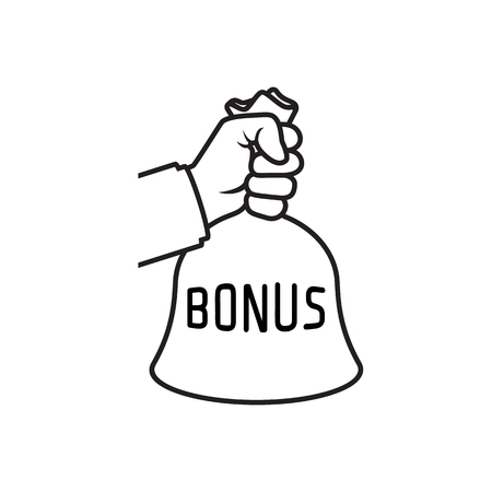 Man holds a bag of money in hand like a bonus. Handing awards concept. Give reward for the job. Vector illustration flat design. Isolated on white background.のイラスト素材