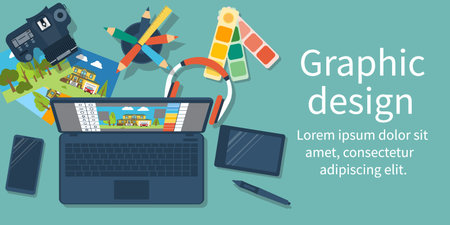 Abstract concept of development of graphic design. Flat design style, vector illustration. Workplace designer with modern equipment digital devices to photograph. Software processing photo.のイラスト素材