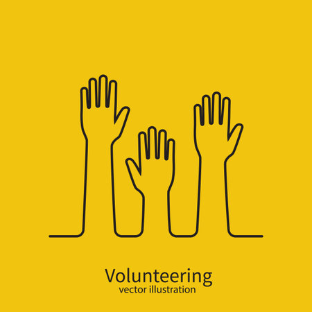 Volunteering concept minimal black line design. Raised hands up. Volunteering charity. Template poster banner. Vector illustration flat style. Isolated on background.のイラスト素材