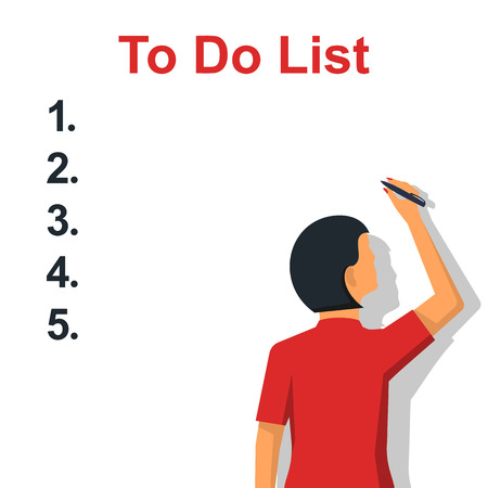 Writing To Do List. Checking plan. Woman writes a list of cases with a pencil. Vector illustration flat design. Isolated on white background. Place for text, template.のイラスト素材