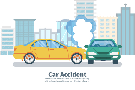 Car accident concept on background of big city. Transport incident, cartoon style. Vector illustration flat design. Two vehicle collided on the road. Crash car. Violation of driving safety rules.のイラスト素材