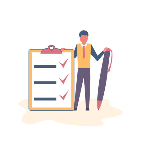 Successful execution of tasks from the to do list. Positive businessman with pen and clipboard. Completion tasks. Vector illustration flat design. Isolated on white background. Getting things done.
のイラスト素材
