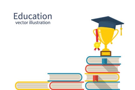 Education ladder concept. Top of the piles of books. Cup with an academic cap and a medal on top. Achievement goals in learning and success. Stairs knowledge.のイラスト素材