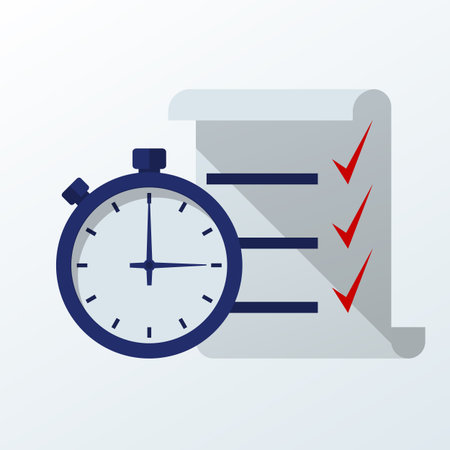Fast service. Stopwatch with checklist and completed tasks. Vector illustration flat design. Isolated on white background.のイラスト素材