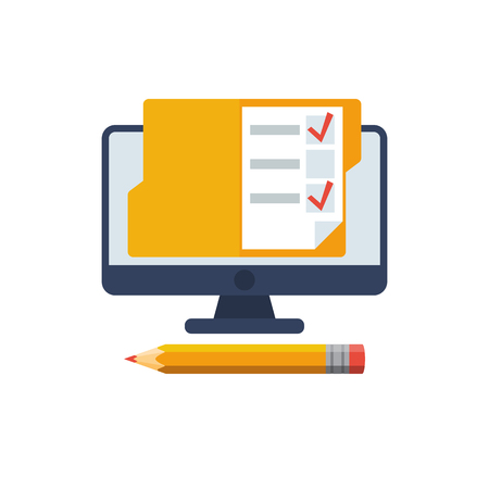 Online exam. Checklist and pencil on a computer monitorのイラスト素材