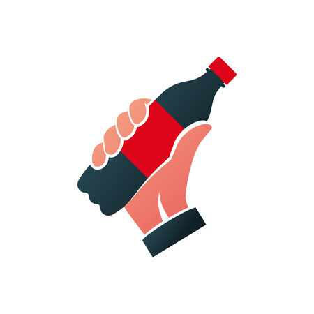 Icon bottle of soda black silhouette hold in hand. Cola in plastic tarre pictogram. Vector flat design. Isolated on white background. Fast food drink symbol. Carbonated drinkのイラスト素材
