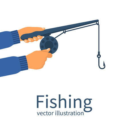 Fisherman holding in hands classic fishing rodのイラスト素材