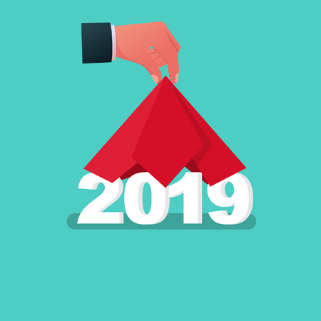 2019 Happy New year. Man hand take off cloth with 2019. Covered red silk. Vector flat design. Isolated on white background. Merry Christmas.のイラスト素材
