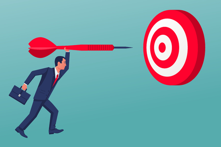Purpose business concept. Businessman throws a spear in target. Achievement of goal. Vector illustration flat design. Aspirational people. Challenge achieve aim.のイラスト素材