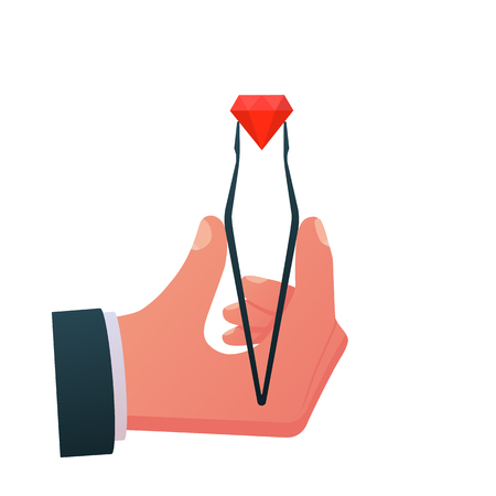 Jeweler tweezers holding a diamond. Examining, evaluation jewelry. Vector illustration flat style design. Work with precious stones. Isolated on white background.のイラスト素材