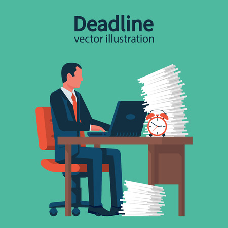 Deadline concept. Businessman at table with a large stack of papers. A lot of work on edge of term. Stop time concept. Business metaphor. Vector illustration flat design. Isolated on white backgroundのイラスト素材