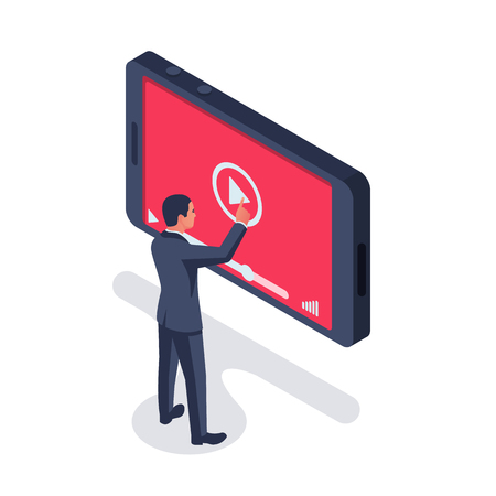 Vlog concept. Video blog. Play video content. Man clicks play on big phone. Online channel. Vector illustration isometric design. Isolated on white background.のイラスト素材