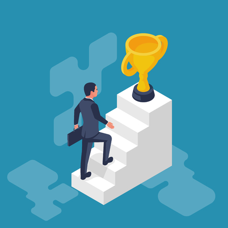 Success achievement. Businessman go to victory. Desire to win. Way to victory. Vector illustration flat design. Isolated on white background. Man on stairs goes up to the golden cup.のイラスト素材