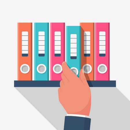 Office worker taking folder with archive. Administration and management. File management, database icon. Catalog documents. Vector illustration flat design. Isolated on white background.のイラスト素材