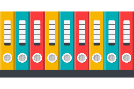 Document ring binders. Colored folders on the shelves. Organize file. Paperwork concept. Bureaucracy archive. Vector illustration flat design. Isolated on white background.のイラスト素材
