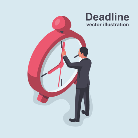 Deadline isometric concept. Stop time concept. Business metaphor. Vector illustration 3d design. Isolated on white background. Businessman in suit stops arrow clock. Time management. Planning deadlineのイラスト素材