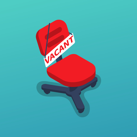 Vacant isometric icon. Office empty chair with sign as symbol of an recruiting to work. Hiring staff. Vector illustration 3d design. Isolated on background. Career position.のイラスト素材
