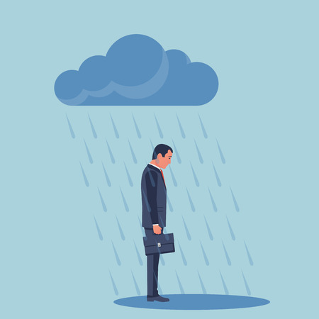 Sad businessman standing in the rain. Cloud and rain. Vector illustration flat design. Isolated on white background. Unhappy human.のイラスト素材