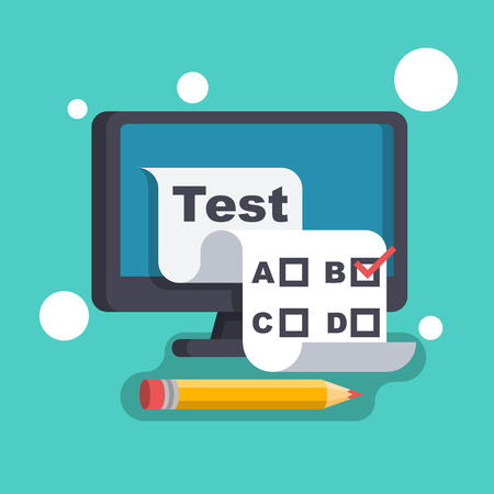 Online test. Checklist and pencil on a computer monitor. Online form survey. On-line questionnaire. Choosing answer. Web learning. Vector illustration flat design. Isolated on white background.のイラスト素材