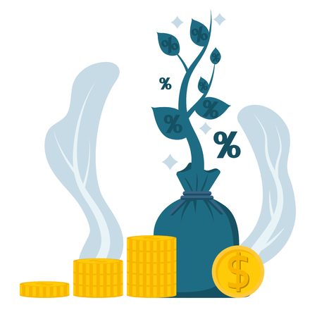 Interest income. Deposit of money. Percent tree growing with bag of money. Investment concept. Coin with which growth income. Vector illustration flat design. Isolated white background. Profit symbol.のイラスト素材