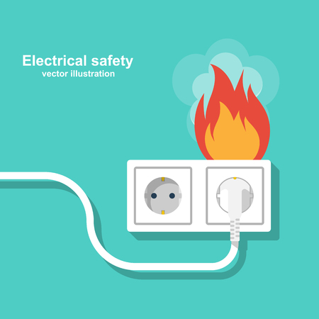 Fire wiring. Socket and plug on fire from overload. Electrical safety concept. Vector illustration flat design. Isolated on background. Short circuit electrical circuit. Broken electrical connection.のイラスト素材