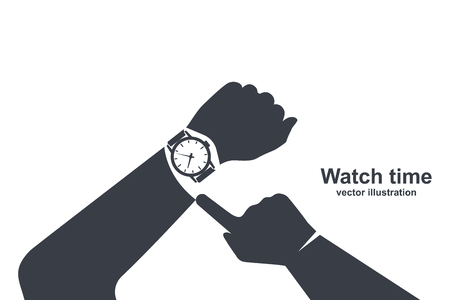 Looking time black icon. Silhouette human in a suit watching time. Time control. Vector illustration flat design. Isolated on white background. Luxury elegant businessman with a fashionable watch.のイラスト素材