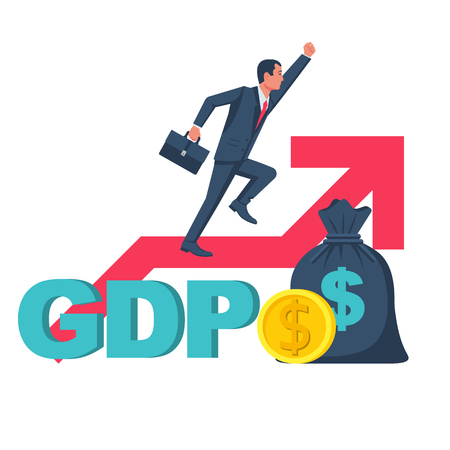 Growth GDP. Government budget, public spending. Businessman on arrow flies up. Dollar bag, coin gold. Increment in annual financial budget. Vector illustration flat design. Isolated white background.のイラスト素材