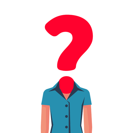 Businesswoman with question mark instead of head. Female in front of whom the big problems and solution issues. Vector illustration flat design. Isolated on white background.のイラスト素材