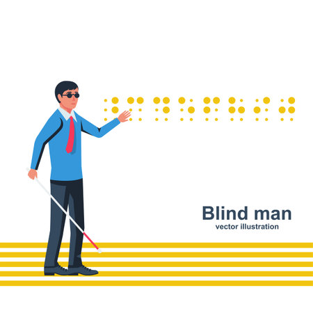 Blind man with a white cane on street. Vector illustration flat design. Signs for blind reading. Isolated on white background. Special sidewalk for the disabled. Road with yellow tips.のイラスト素材