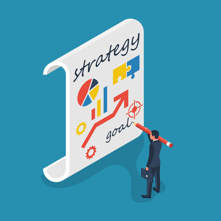 Planning development strategy. Business concept. Data analysis research market. Vector illustration isometric 3d design. Isolated on background. Businessman with a big pencil analyzes.のイラスト素材