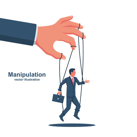 Manipulation concept. Worker on ropes. Abuse of power. Vector illustration flat cartoon. Hand of puppeteer holding a little businessman on a leash. Control workers.のイラスト素材